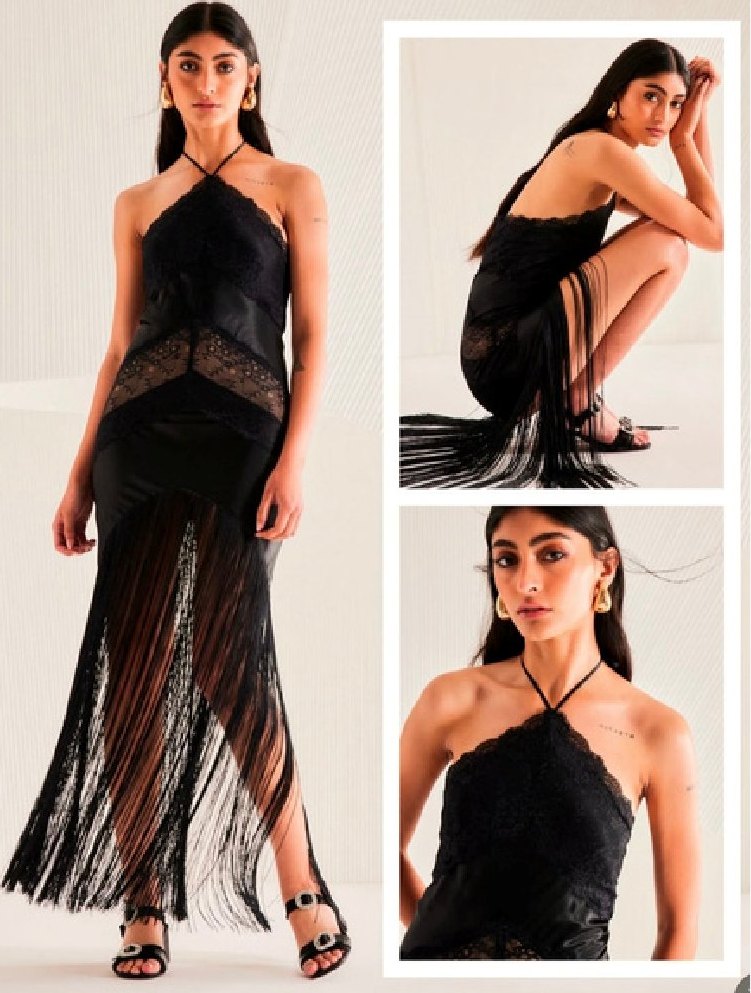 Serie de tres tomas de un vestido negro largo con flecos y encaje.