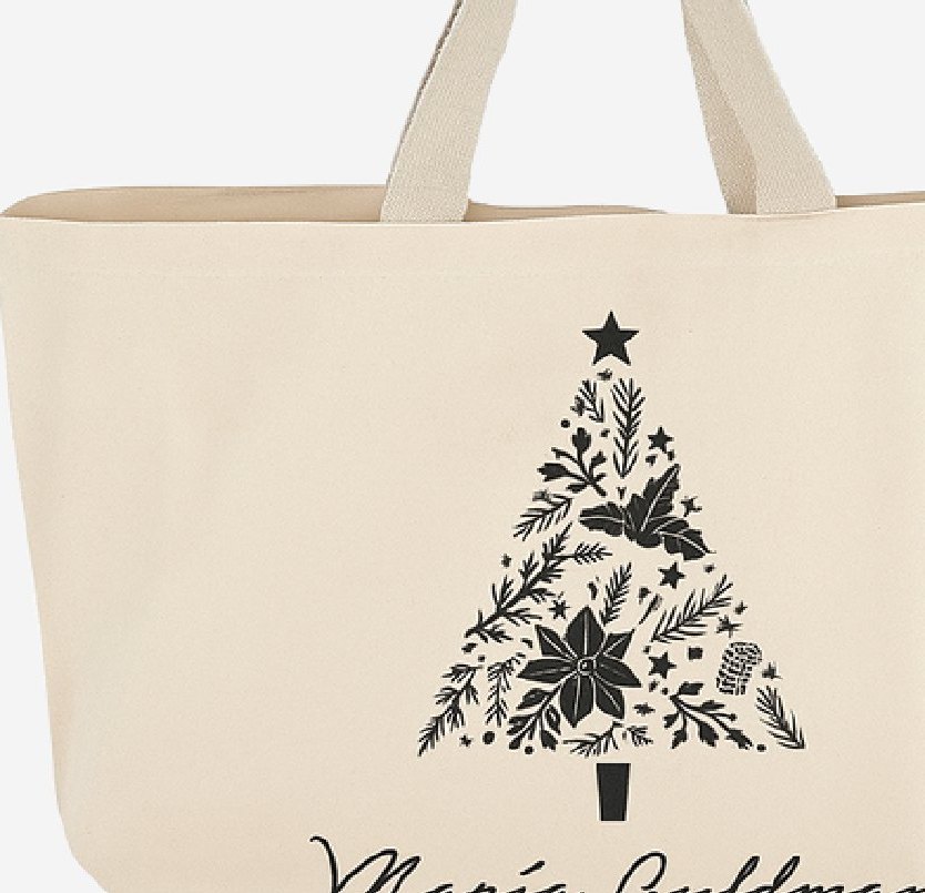 Bolso de tela con la ilustración de un árbol de navidad.