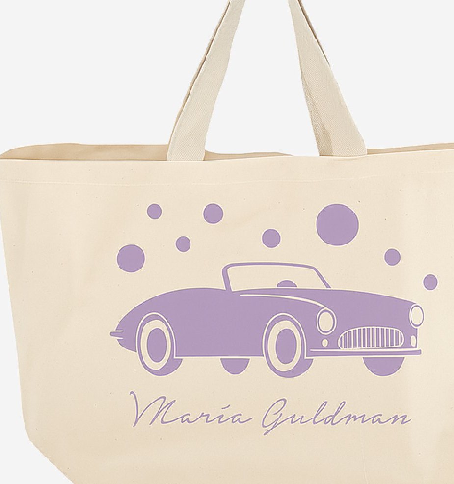 Bolso de tela con la ilustración de un auto clásico en lila.