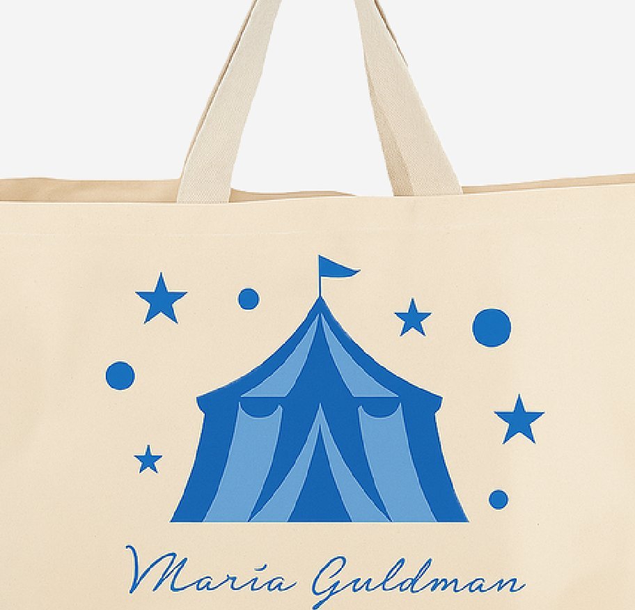 Bolso de tela con la ilustración de una carpa de circo en azul.