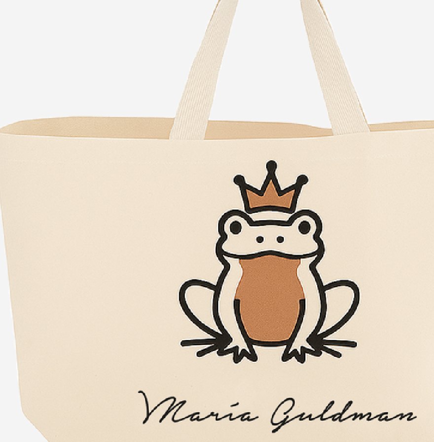 Bolso de tela con la ilustración de una rana con corona.