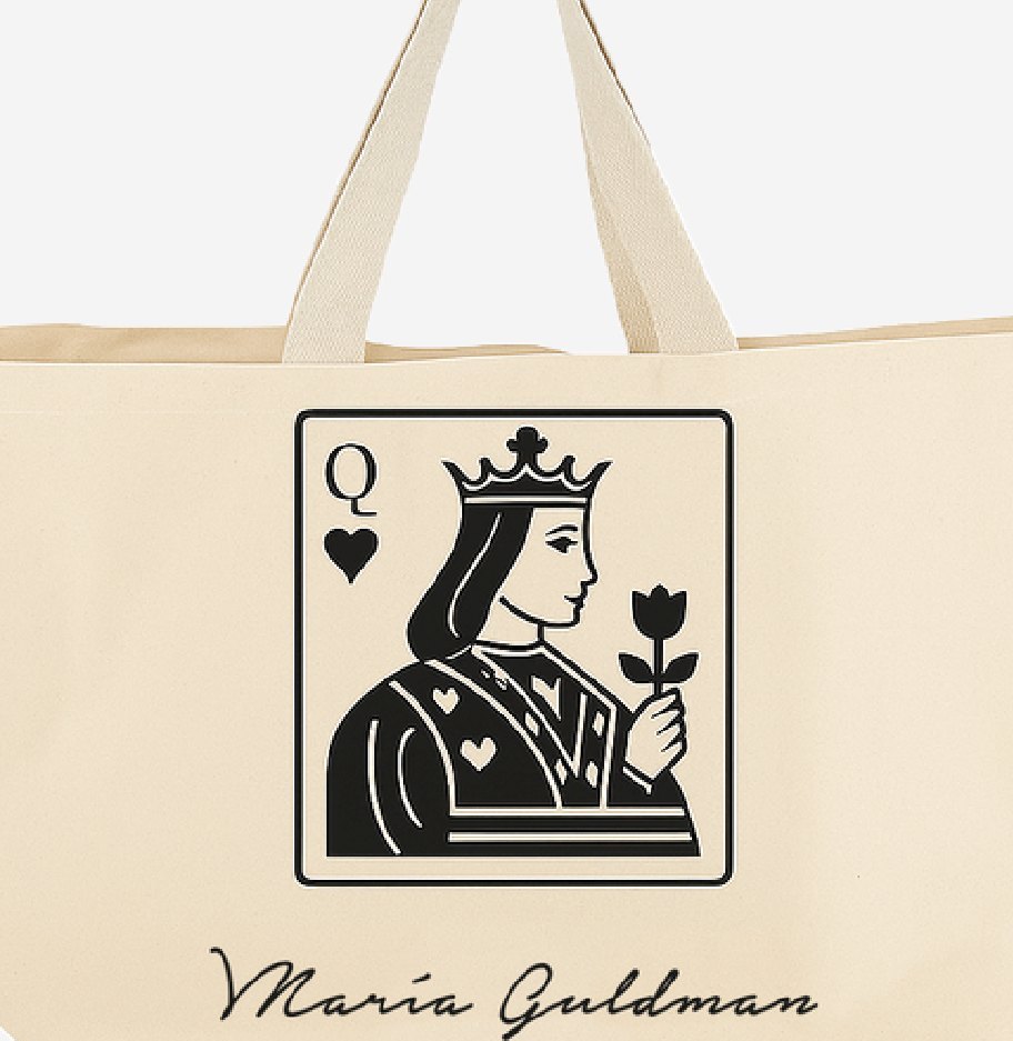 Bolso de tela con ilustración de una reina de corazones en negro.
