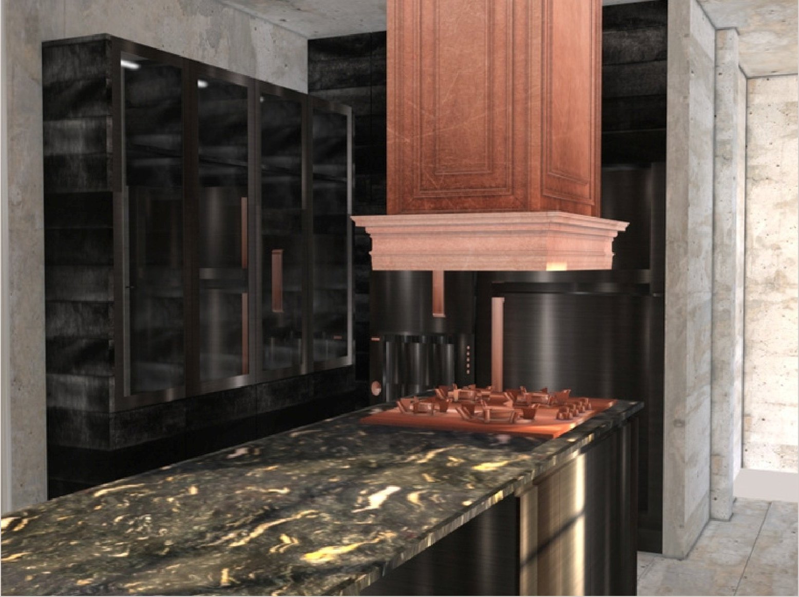 Render de cocina en piedra negra veteada con campana de cobre.