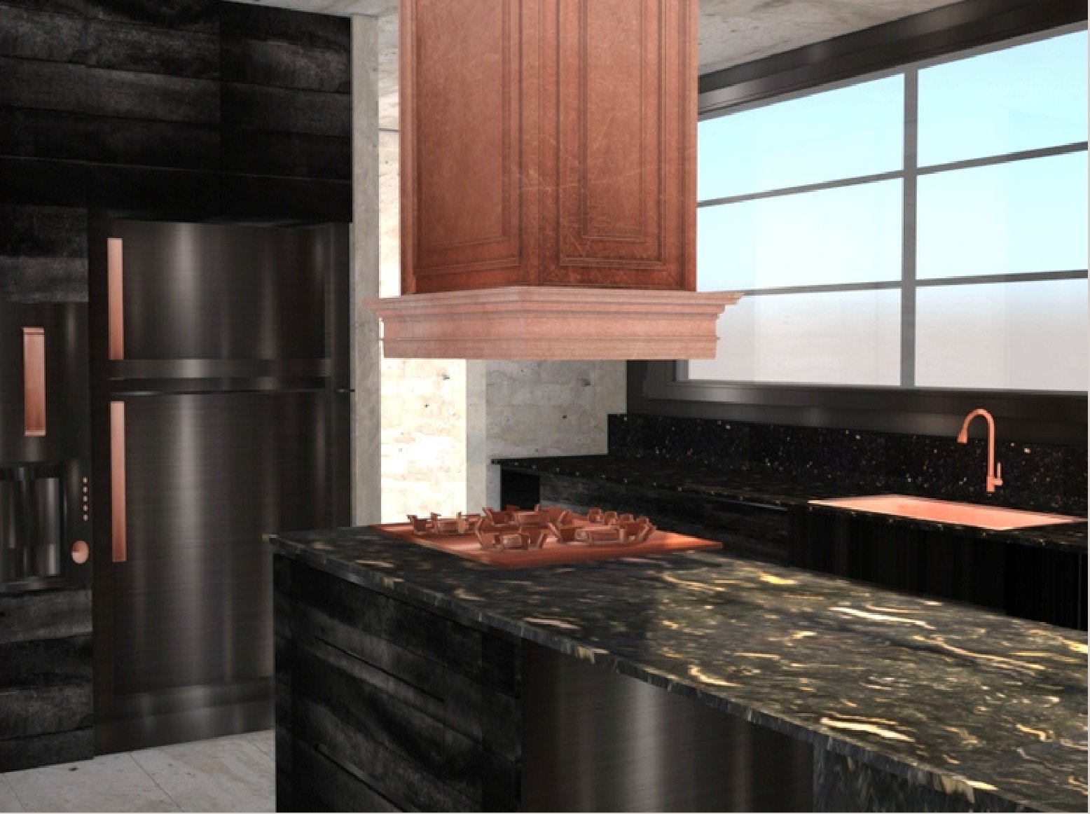 Render de cocina con isla de piedra y ventanal.