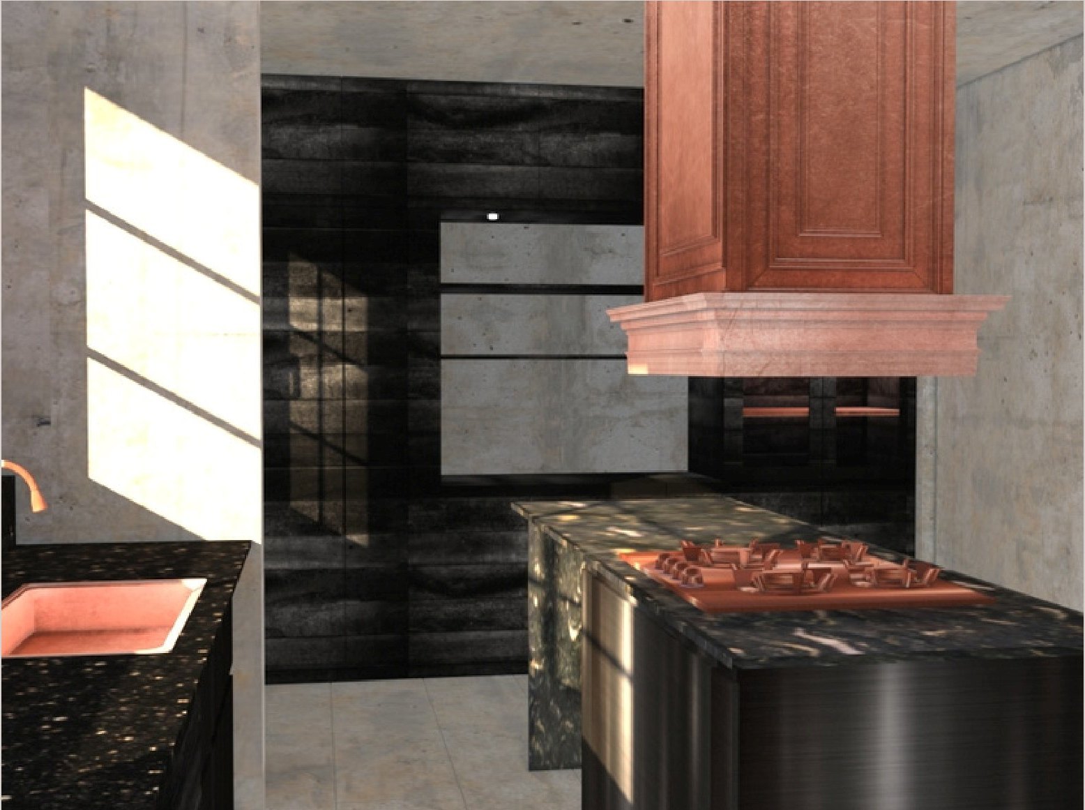 Render de cocina con luz lateral sobre la isla.