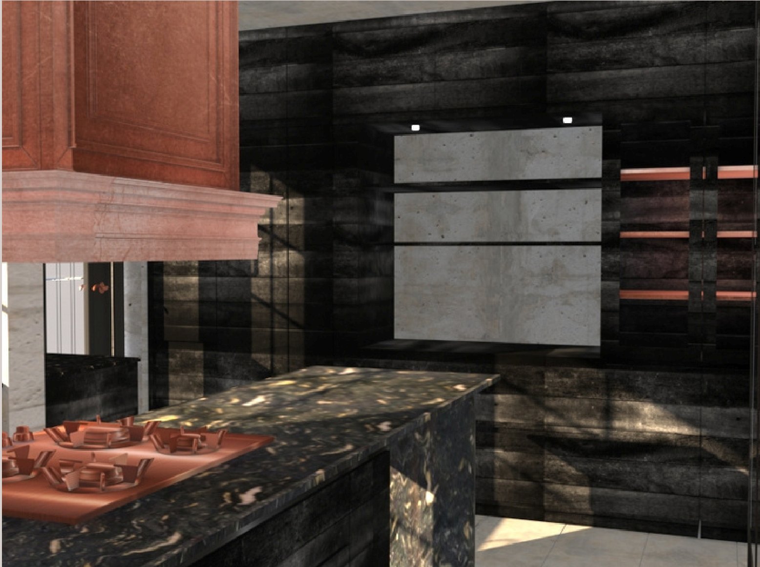 Render de detalle de la cocina con revestimiento de piedra.