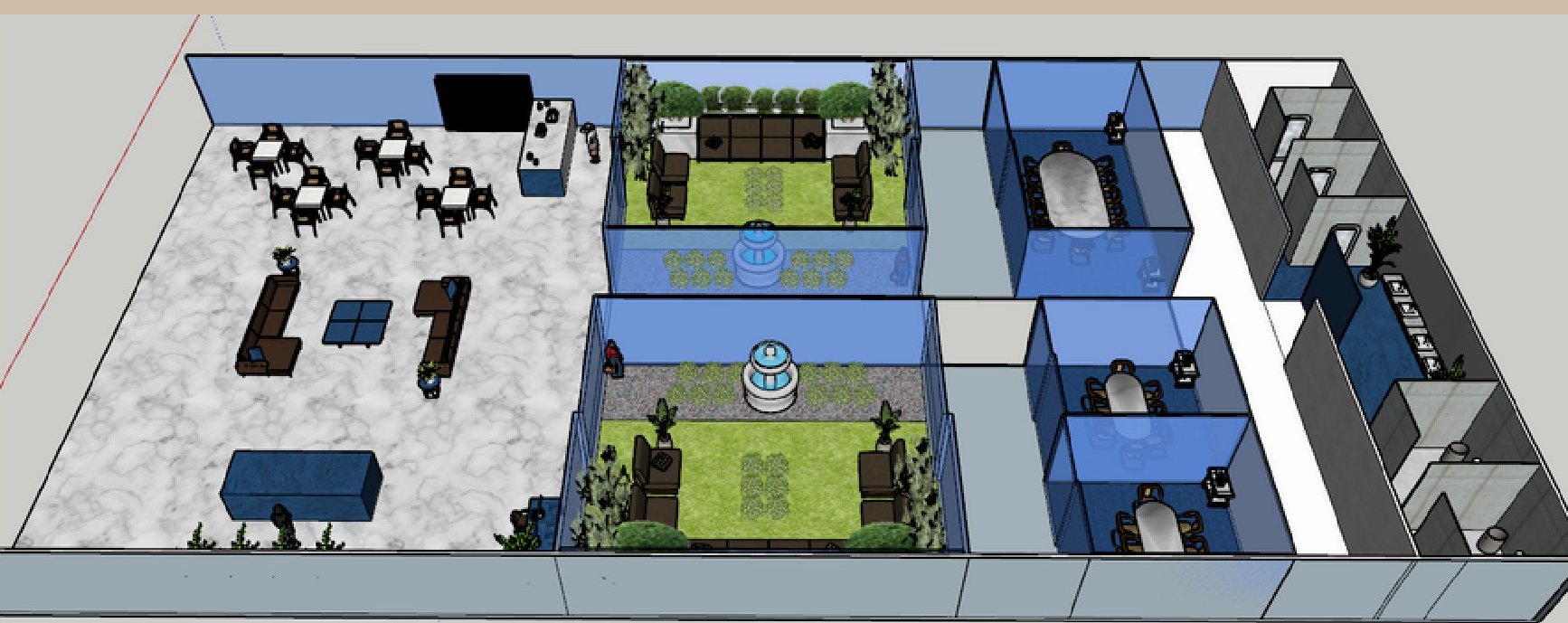Axonometría del cowork con la planta completa y sus recintos.