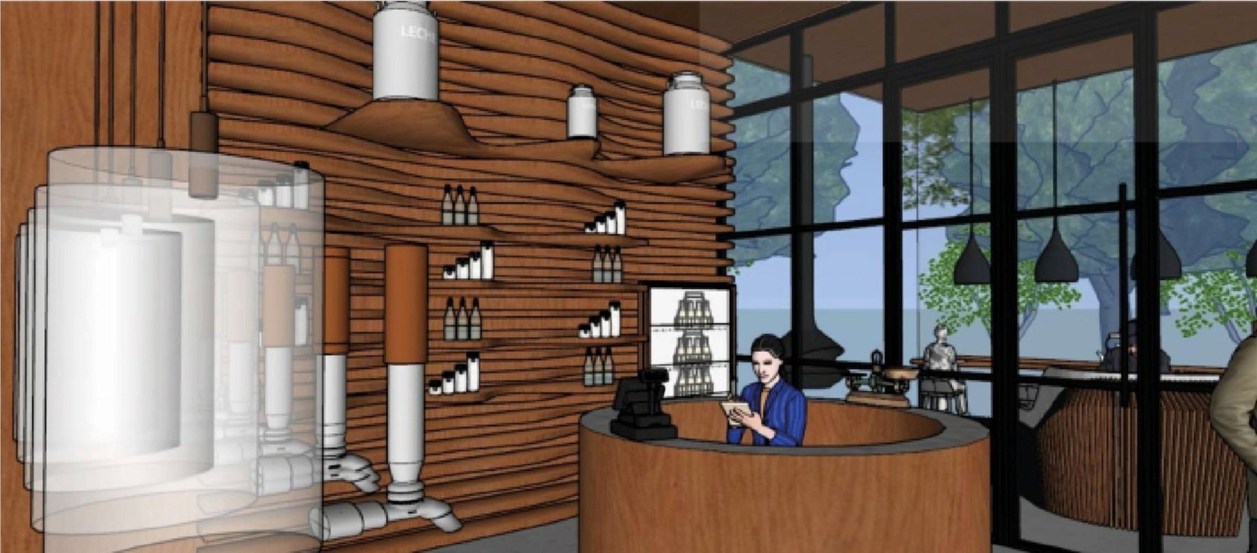 Render de la barra de atención con revestimiento de madera.