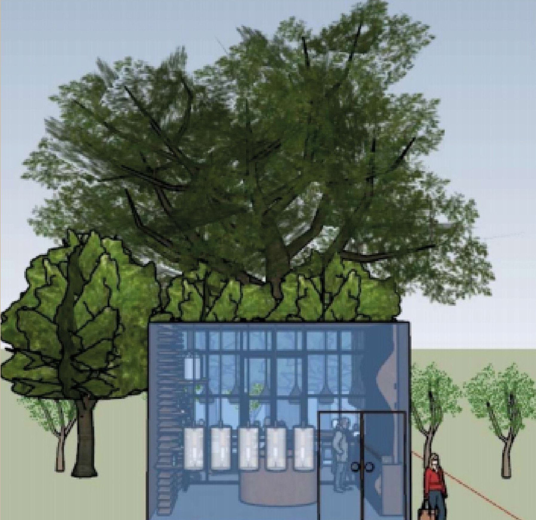 Visualización de la fachada del emporio entre árboles.