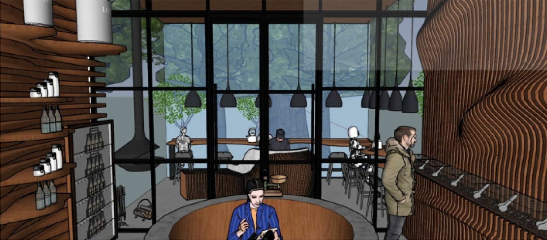 Render interior de un emporio gourmet con revestimiento de listones de madera y ventanales.