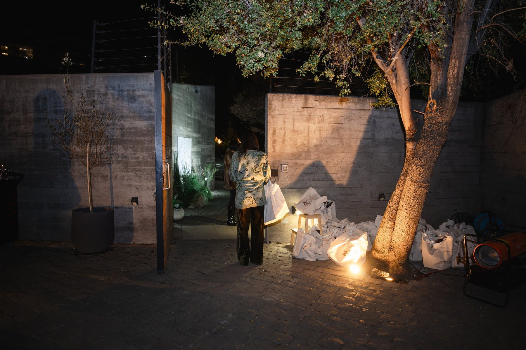 Exterior de la Casa Smiljan Radić de noche, con un árbol iluminado y las invitadas en el patio.